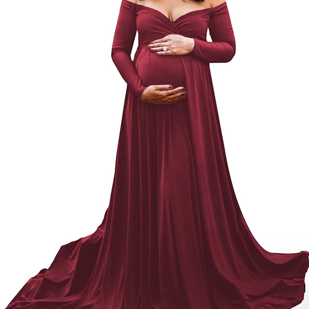 Maternity burgundy wrap flowy photo shoot dress plus size